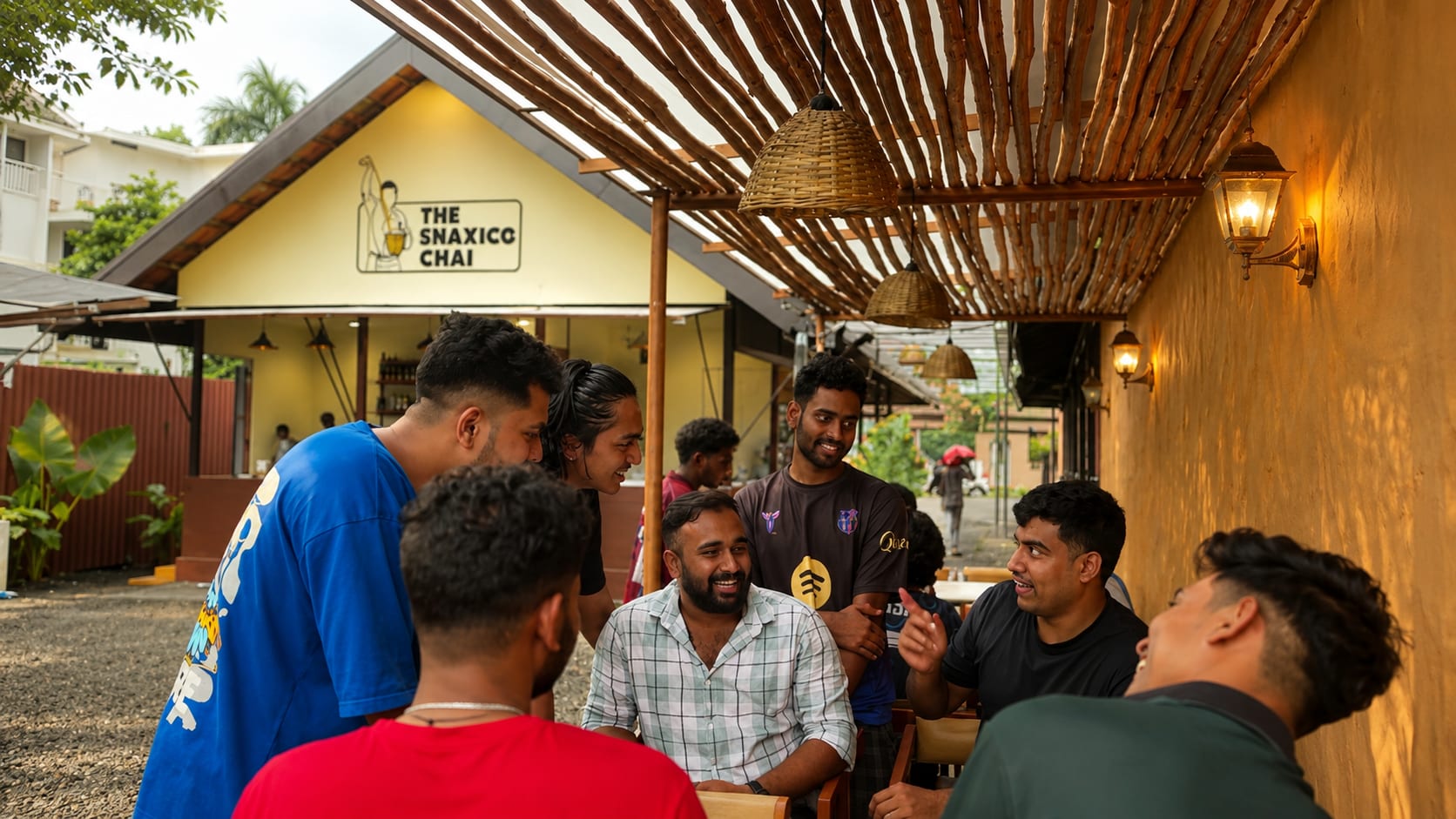 Friends enjoying evening chai outside The Snaxico Chai