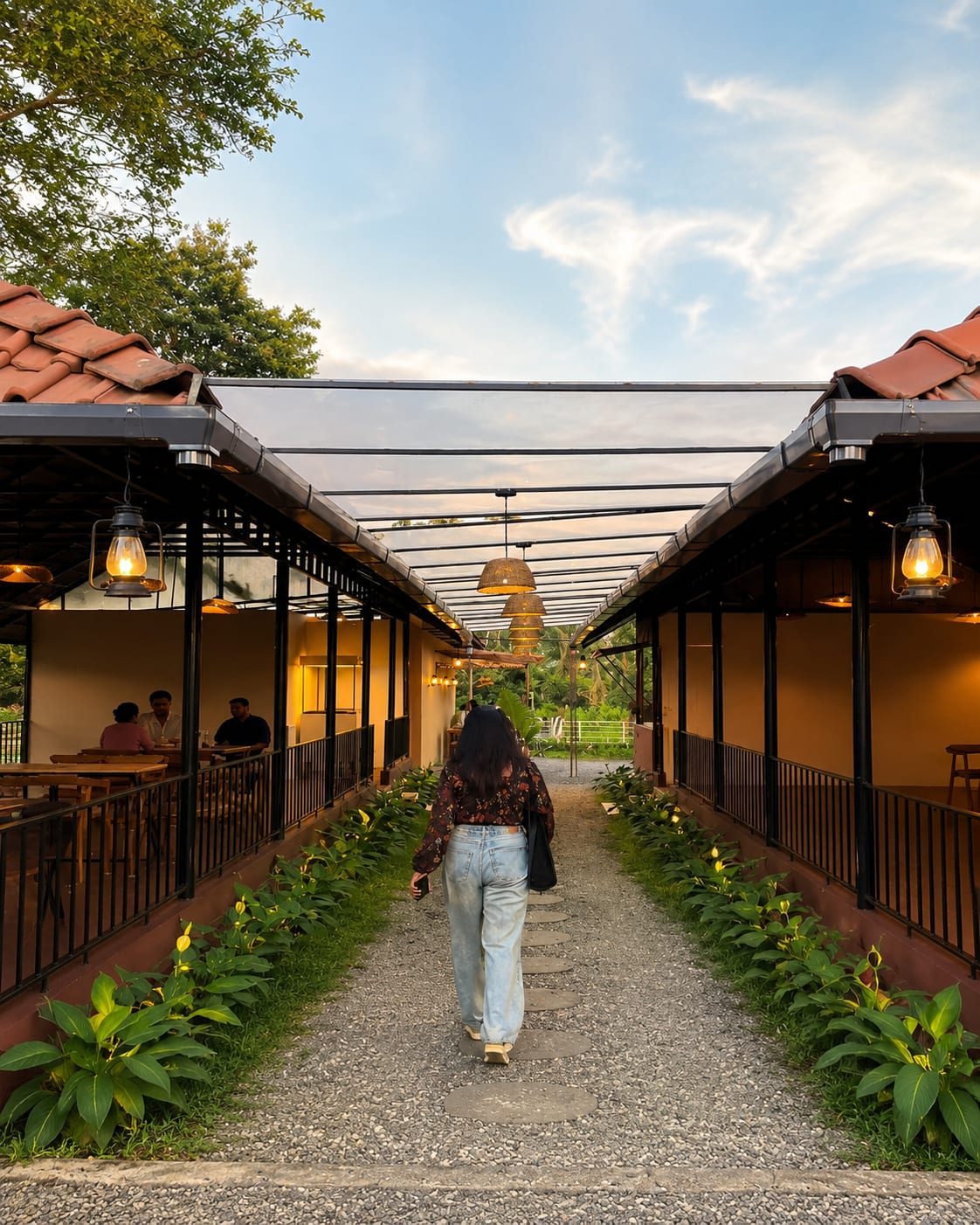 Gravel walkway between covered dining pavilions at dusk